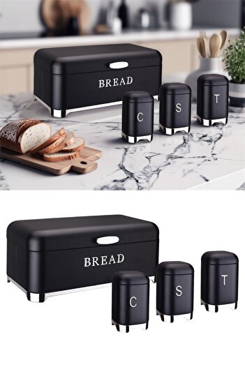 Bayev Cuisine Black Metal Bread and Spice Storage Set - Bread and Spice Rack 0042