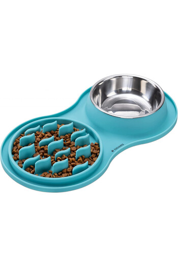 Navaris pet food bowl, silicone/stainless steel, silver/blue, 38 x 20 x 4.2 cm