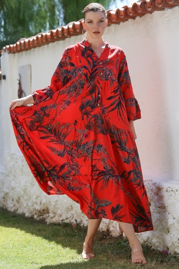 Chiccy Pomegranate Judge Collar Ruffle Sleeve Button Skirt Ruffle Allover Printed Woven Dress 130 58