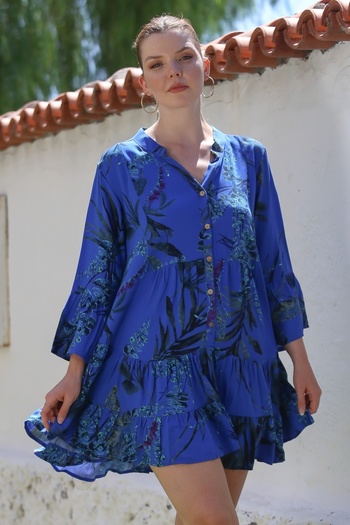Chiccy Saks Blue Guler domnă Fusta cu mâneci cu volan cu butoni Rochie casual țesută cu imprimeu integral cu volane 90 64