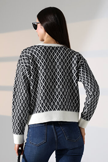 ALCHON Round Neck Long Sleeve Buttoned Diamond Jacquard Patterned Furry Soft Textured Knitwear Cardigan