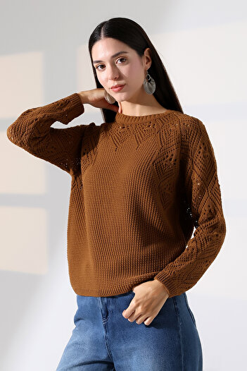ALCHON Round Neck Long Sleeve Openwork Hollowed Rice Knit Simple Elegant Basic Knitwear Sweater