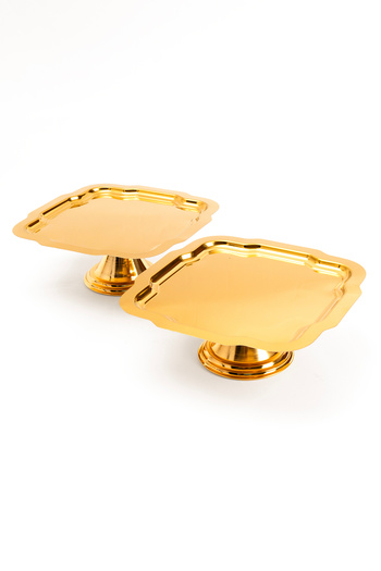 NEWTREND Züccaciye Luxury 2-Piece Daisy Gold Footed Cake, Cake, Cookie, Dessert, Treat, Dowry Presentation Serving Stand