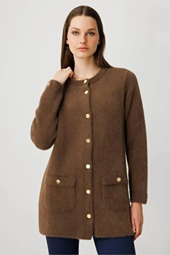 Desen Triko Women's Crew Neck Metal Button Araboy Aphrodite Knitwear Jacket Brown
