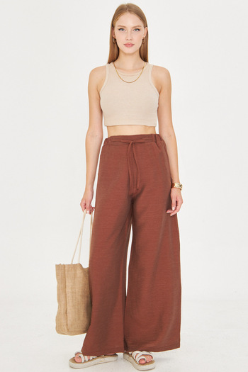armonika Women's Brown Elastic Waist Pocket Tie Detail Loose Trousers Arm-25Y001077