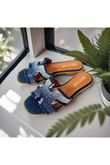 OEM Women's slippers with decorative rhinestone applications, made of denim fabric, X24-1166
