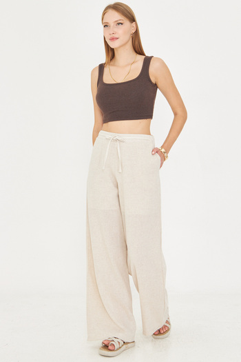 armonika Women's Cream Linen Look Elastic Waist Pocket Lacing Detailed Lined Loose Trousers Arm-25Y001078