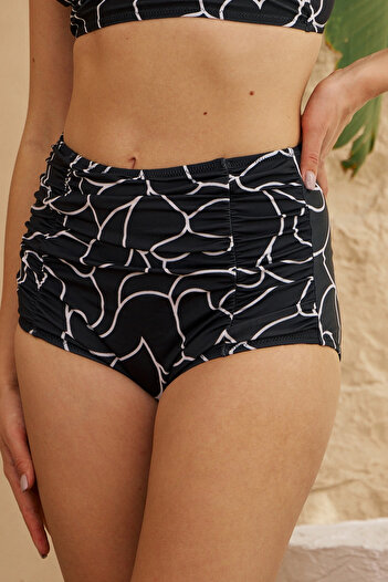 Starinci Mayo Bikini Bottom Black High Waist Gathering Line Patterned Gathered Black