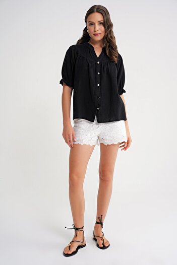 Mixray 4725 Women's Gathered Sleeve Ruffled Muslin Shirt Black