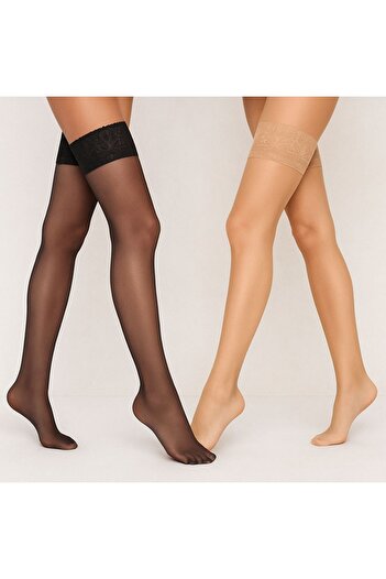 DÜVEN 2 Pairs Fancy 15 Garter Stockings Light Skin & Black-Italy Lace Silicone Non-Slip Women's Garter Stockings