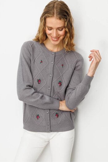 Desen Triko Women's Crew Neck Front Diamond Embroidery Embroidered Cardigan Smoked