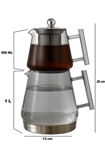 Jenisa Smoked Glass Teapot Set with Induction Base Metal Strainer – 1550 ml with Borosilicate Glass Teapot