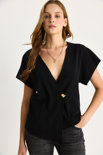 Bianco Lucci Women's Gold Button Detailed Double Breasted V Neck Knitwear Blouse 20251022
