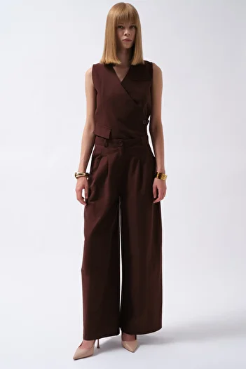 Black Fashion Pleated Wide Leg Linen Brown Trousers