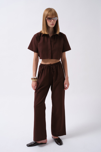 Black Fashion Linen Brown Trousers with Lace-Up Waist