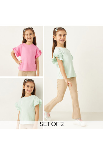 Juniors Solid Round Neck T-shirt with Short Sleeves and Ruffle Detail - Set of 2