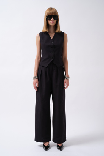 Black Fashion Double Pleated Palazzo Navy Blue Trousers