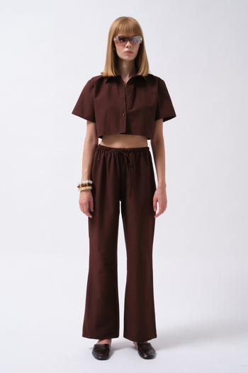 Black Fashion Linen Brown Trousers with Lace-Up Waist