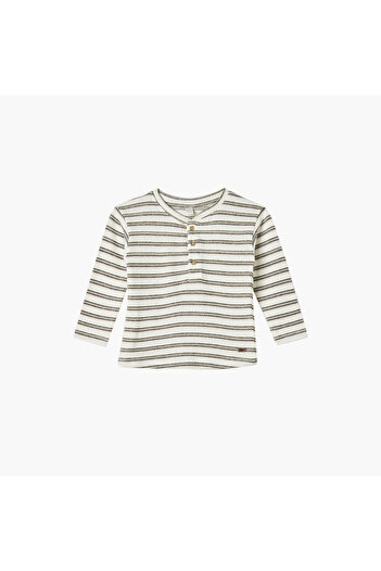 giggles Striped Henley Neck T-shirt with Long Sleeves