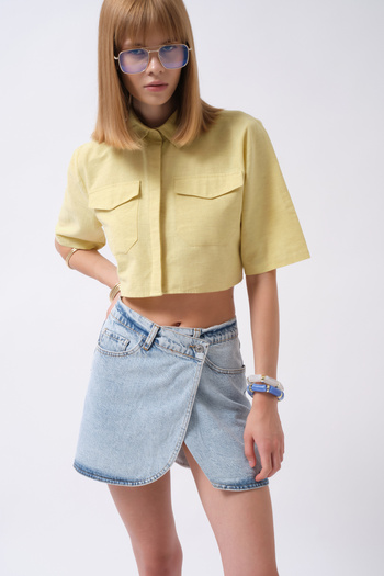 Black Fashion Wrap Denim Mini Light Blue Skirt