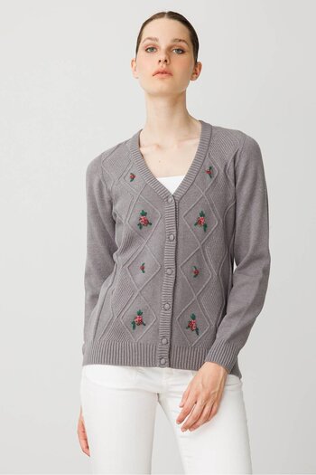 Desen Triko Women's V-Neck Front Diamond Embroidery Embroidered Cardigan Smoked