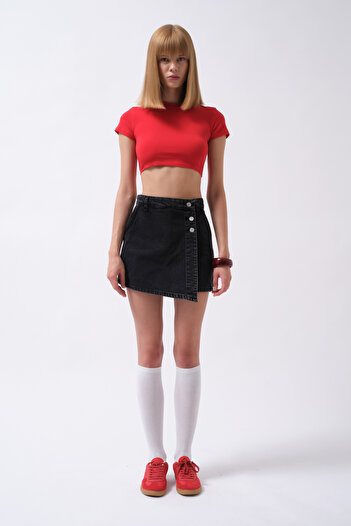 Black Fashion Button Detail Denim Mini Black Skirt