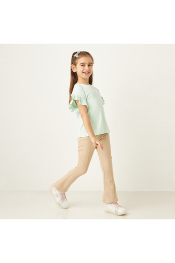 Juniors Solid Round Neck T-shirt with Short Sleeves and Ruffle Detail - Set of 2