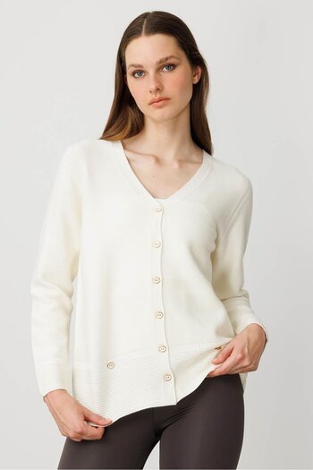 Desen Triko Women's V-Neck Buttoned Cardigan Bone