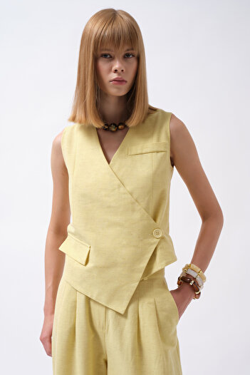 Black Fashion Side Button Asymmetrical Linen Yellow Vest