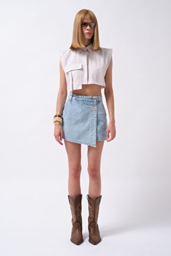 Black Fashion Button Detail Denim Mini Blue Skirt