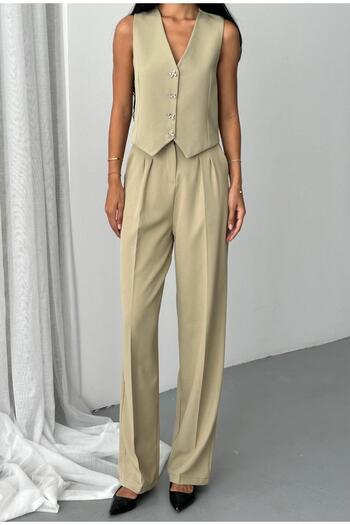 aytenli Double Fabric Bow Button Lined Vest Front Pleated Pocket Half Elastic Waist Wide Pants Suit