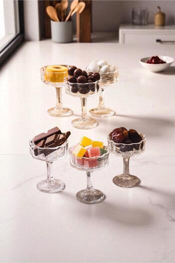 İLİVA 6-Piece Glass Leg Coffee Side Turkish Delight Holder Macaron Holder Presentation Bowl - Breakfast Mini Bowl 50 ml