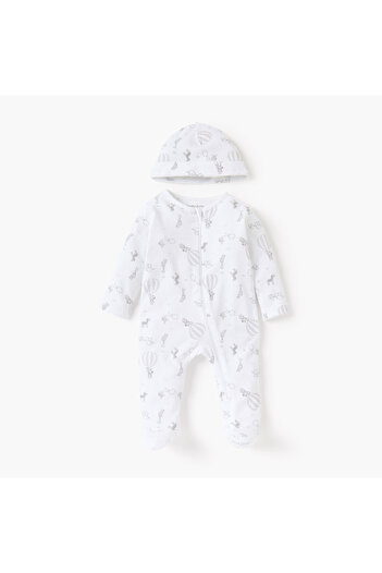 Juniors Animal Print Closed Feet Sleepsuit and Cap Set
