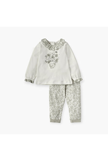 giggles Floral Applique Long Sleeves T-shirt and Elasticated Pyjama Set