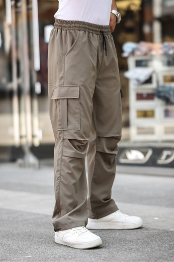 a02teks Baggy Pants with Cargo Pockets, Adjustable Drawstring, Casual Cut Parachute Pants Brown