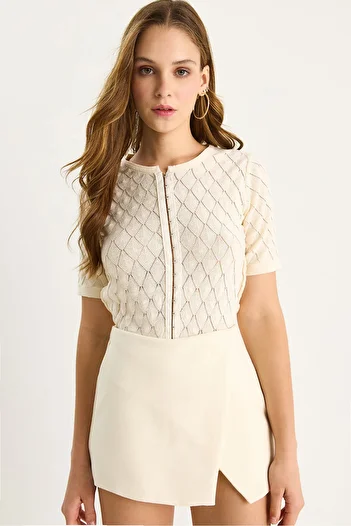 Bianco Lucci Women's Baklava Knitted Short Sleeve Knitwear Blouse 20258016
