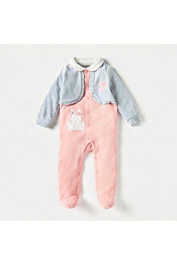 giggles Applique Detail Collared Sleepsuit with Snap Button Closure