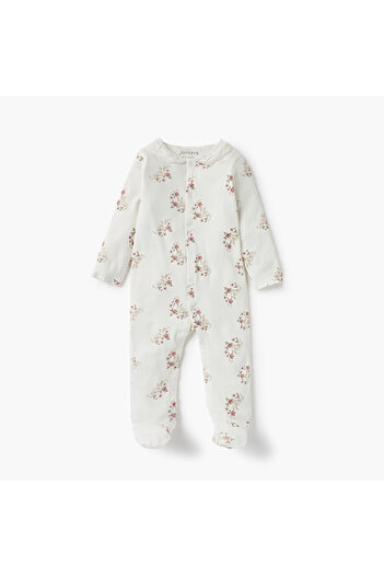 Juniors All-Over Floral Print Closed Feet Sleepsuit with Collar and Long Sleeves