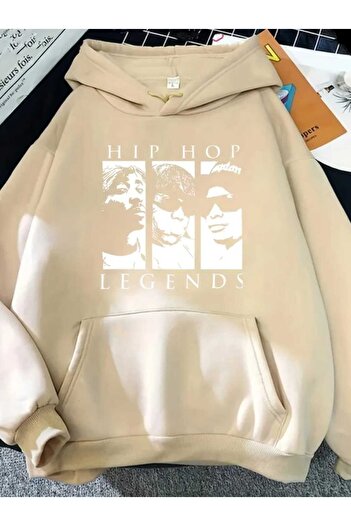 caddekombin Μπεζ φούτερ με κουκούλα με στάμπα Hip Hop Legends και επένδυση από μαλλί μέσα