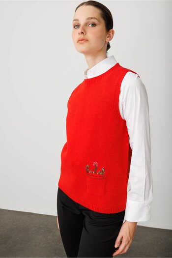 Desen Triko Women's Crew Neck Pocket Top Floral Embroidery Wool Sweater Coral