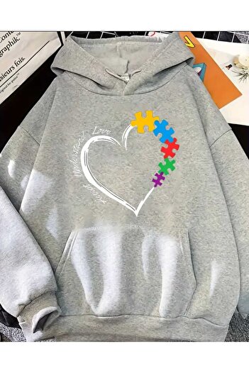 caddekombin Puzzle Heart Printed Hooded Pocket Cotton Gray Sweatshirt