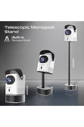 Promate 4K Ultra HD LCD Projector, 250 ANSI Lumens Brightness, Adjustable Telescopic Stand, Built-in Speaker