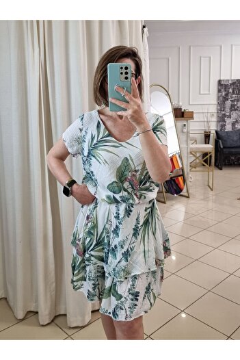 pudubutik Cotton Patterned Short Sleeve Dress White Italian
