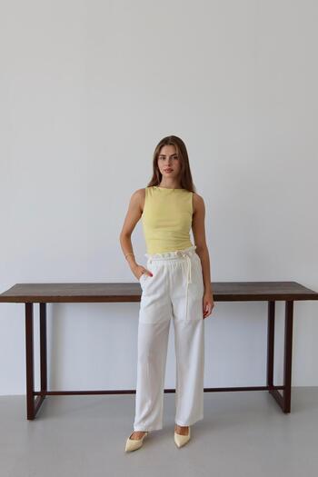 Jeevee White Crinkle Fabric Lace-Up Summer Trousers