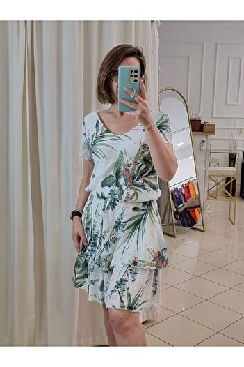 pudubutik Cotton Patterned Short Sleeve Dress White Italian