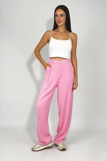 Betimoda Women's Buttoned Pocket Wide Leg Pleated Palazzo Trousers Pink