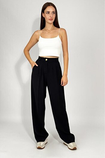 Betimoda Women's Buttoned Pocket Wide Leg Pleated Palazzo Trousers