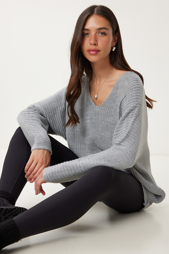Happiness İstanbul Grauer Thessaloniki-Strickpullover mit V-Ausschnitt und Oversize-Strick für Damen ZA00059