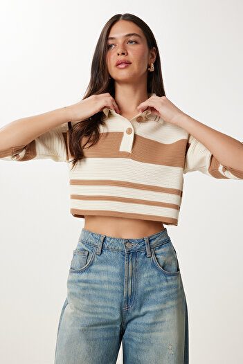 Happiness İstanbul Women's Cream Beige Striped Crop Knitwear Sweater Mx00242