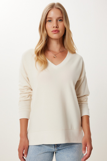 Happiness İstanbul Women's Cream Soft Textured Basic Knitwear Sweater Ub00419